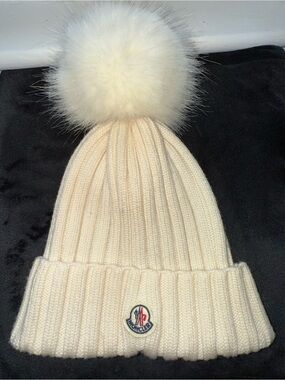 Moncler Cream Ribbed Knit Beanie with Pom